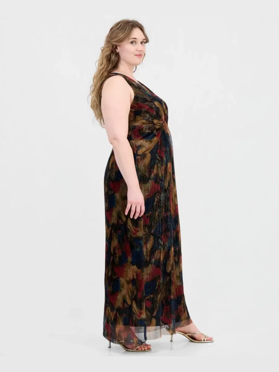 Платье-миди без рукавов с принтом, модель Metallic-Print Twist-Front Sleeveless Connected — изображение 5 из 5, коричневый
