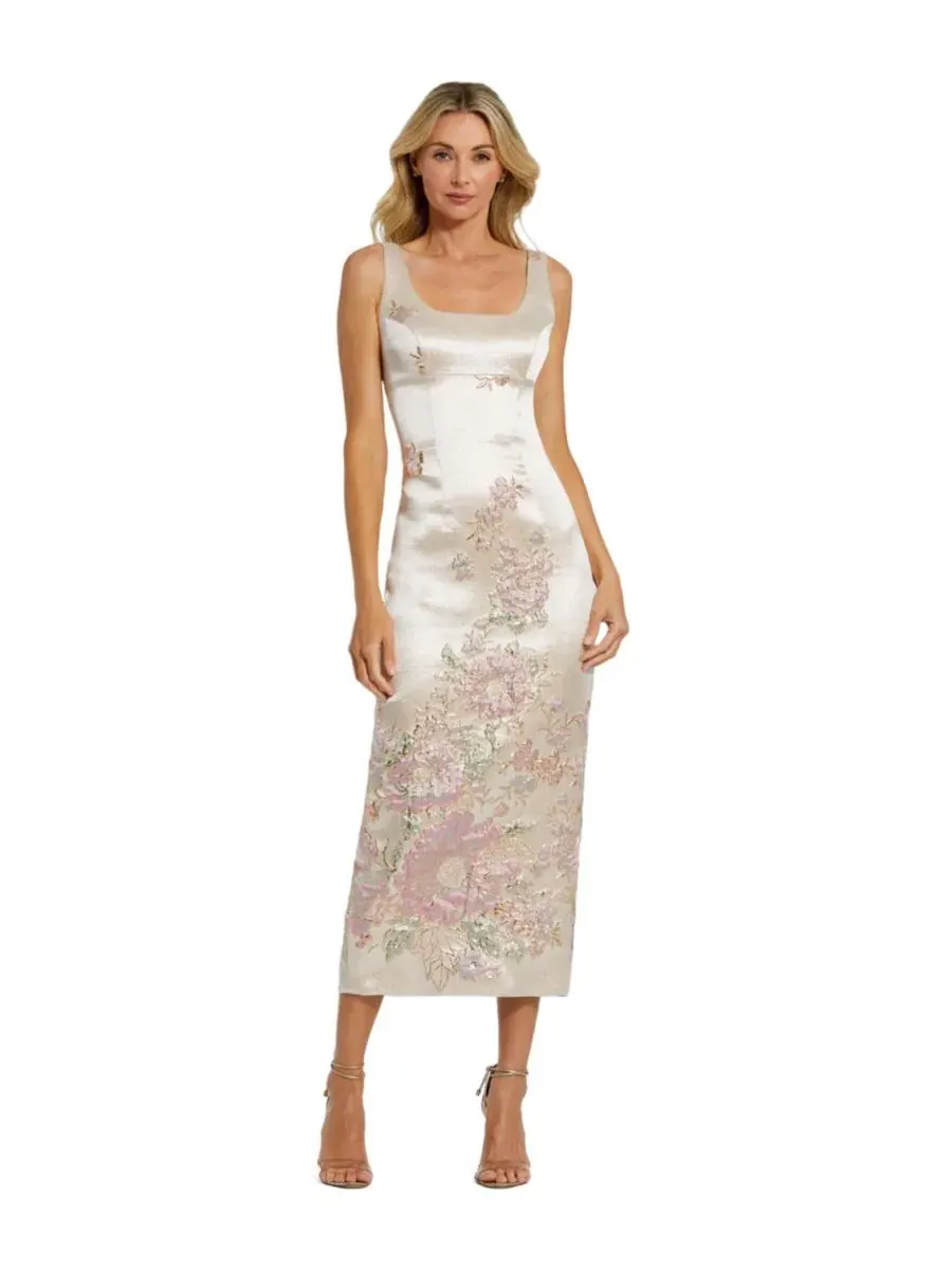 Платье миди из атласа с принтом, модель Slim Strap Scoop Neck Bustier Brocade Midi Dress Mac Duggal — изображение 2 из 4