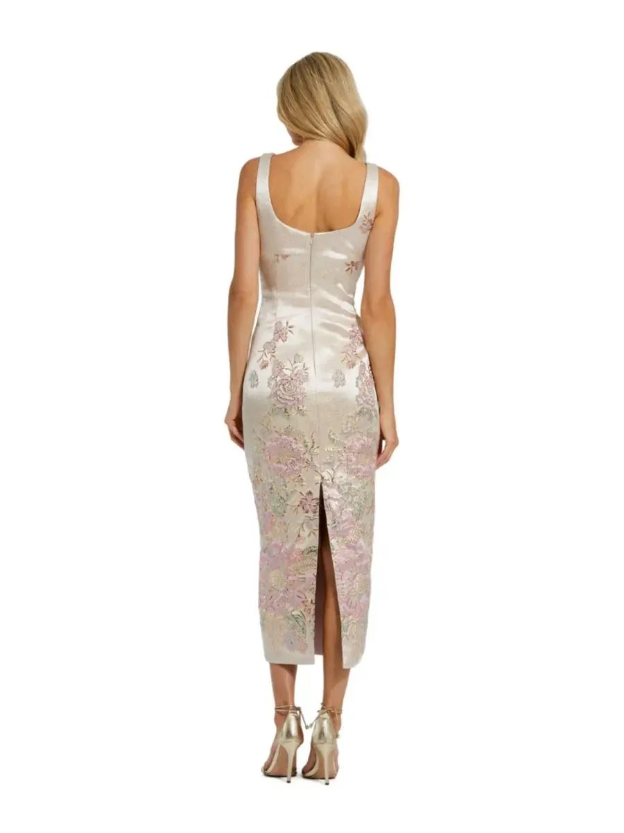 Платье миди из атласа с принтом, модель Slim Strap Scoop Neck Bustier Brocade Midi Dress Mac Duggal — изображение 3 из 4