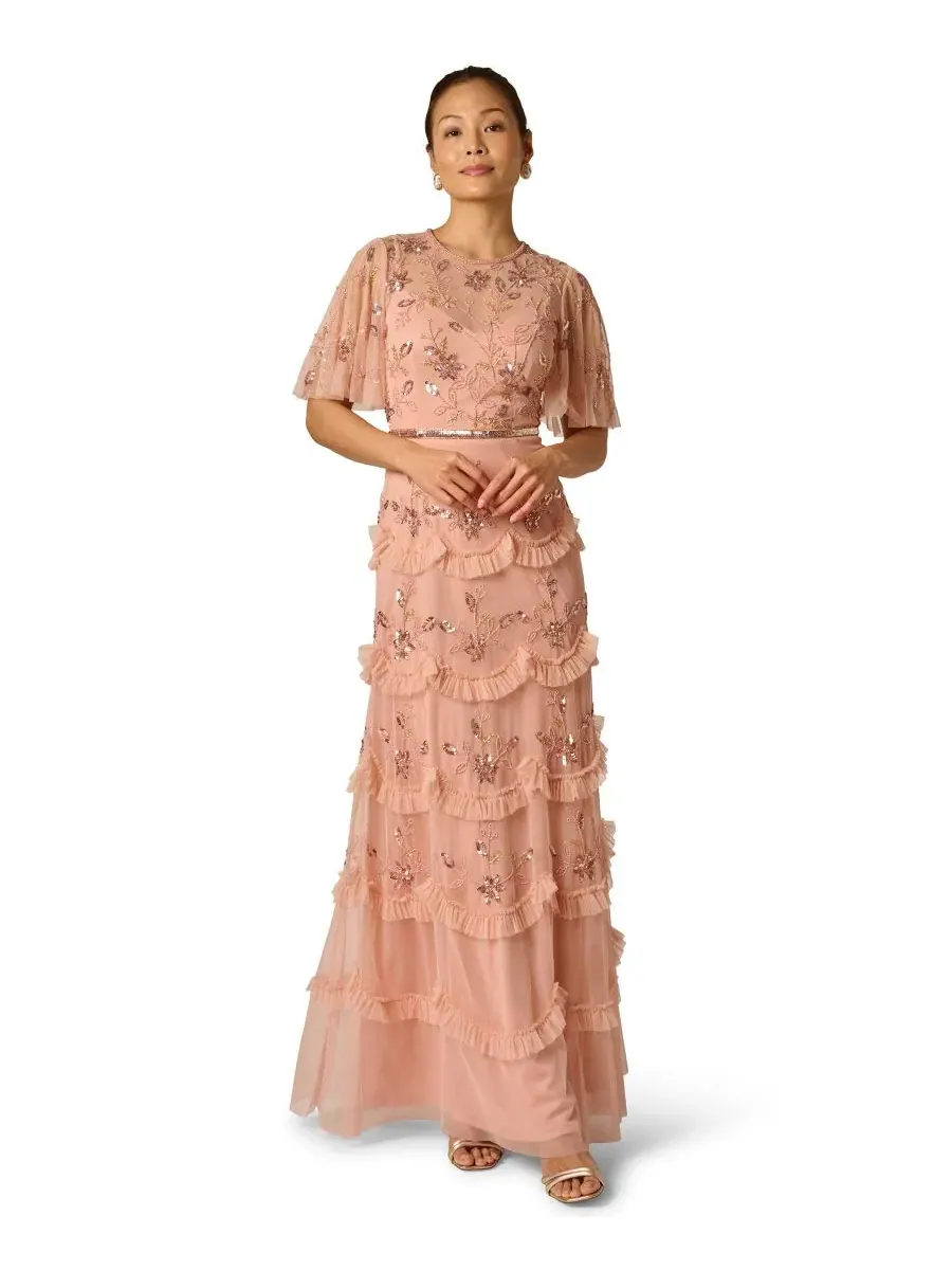 Платье с бисерной сеткой и воланами, модель Bead Mesh Crewneck Ruffle Dress Adrianna Papell