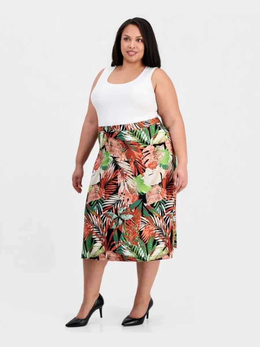 Топ без рукавов с принтом и плиссированным воротником больших размеров, а также расклешенная юбка — изображение 2 из 4