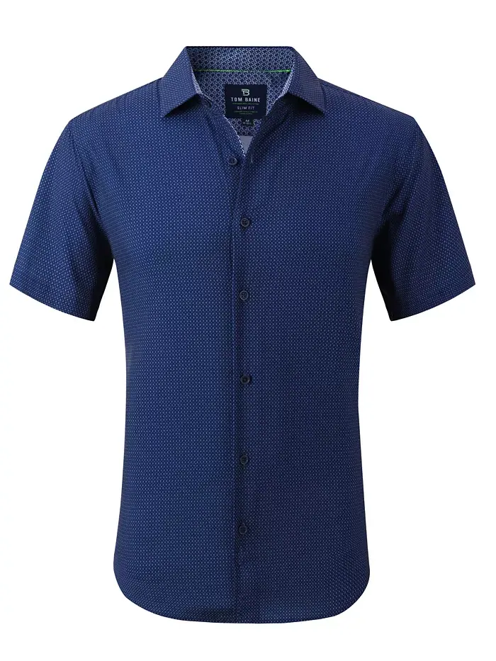 Мужская облегающая рубашка с коротким рукавом Performance Button Down Tom Baine — изображение 1 из 6, темно-синий