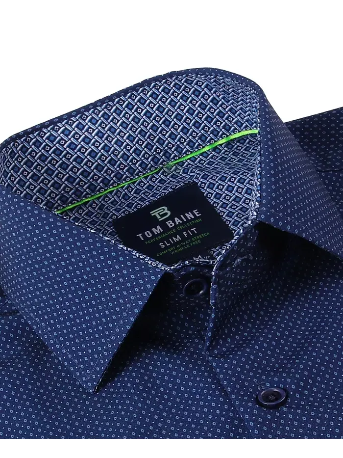Мужская облегающая рубашка с коротким рукавом Performance Button Down Tom Baine — изображение 2 из 6, темно-синий