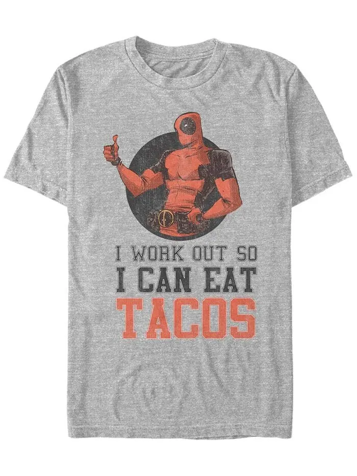 Мужская футболка Marvel Deadpool I Workout For Tacos с коротким рукавом Fifth Sun — изображение 1 из 1, серый