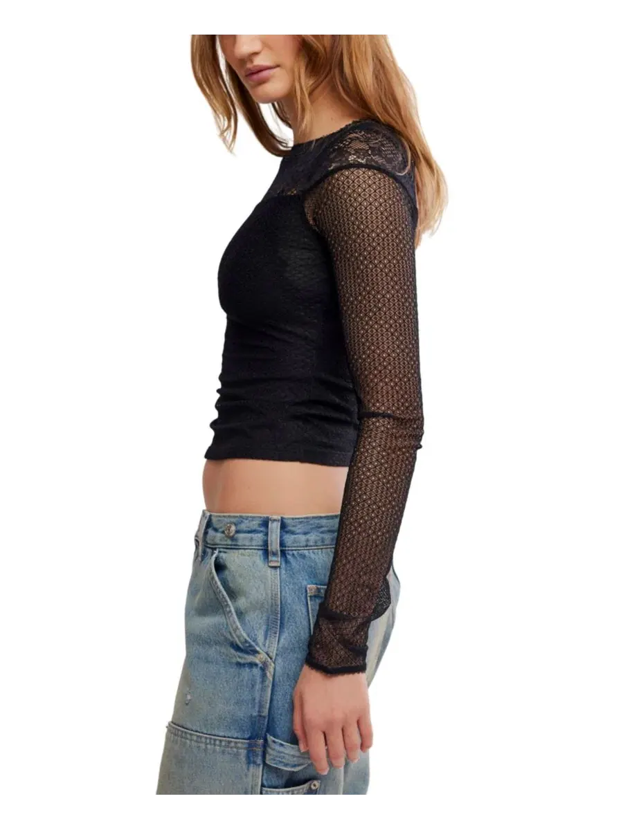 Прозрачный топ с кружевом и длинным рукавом Night Mode Layering Free People — изображение 3 из 5, черный