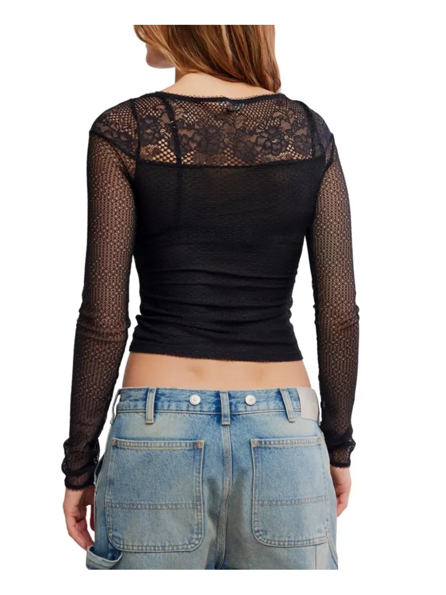 Прозрачный топ с кружевом и длинным рукавом Night Mode Layering Free People — изображение 5 из 5, черный