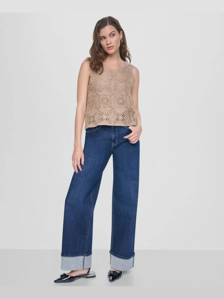Женский вязаный крючком свитер без рукавов, связанный квадратами Dkny Jeans — изображение 2 из 7, бежевый