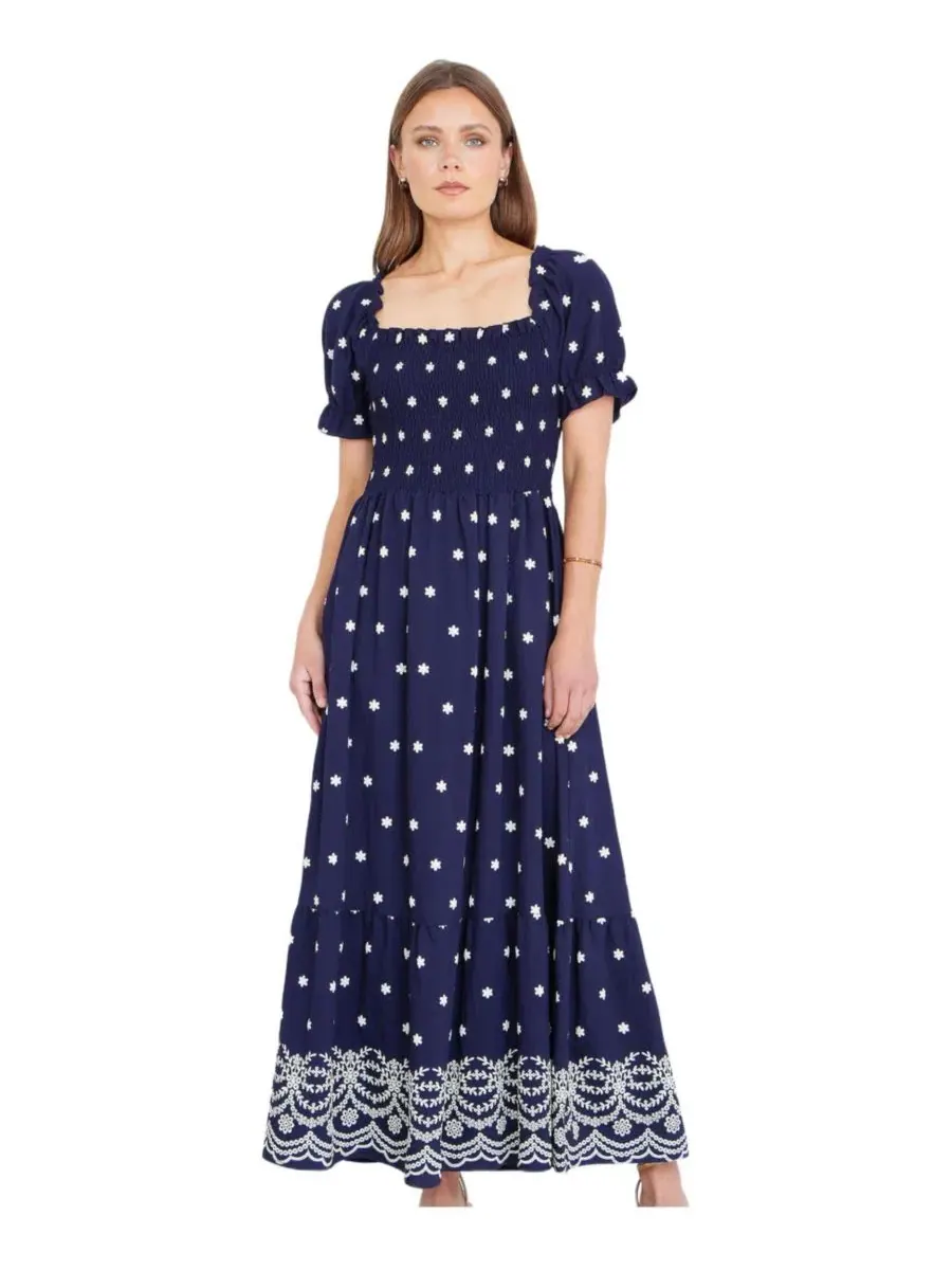 Макси-платье с принтом, модель Border Hemline Smocked Yumi — изображение 1 из 8, темно-синий
