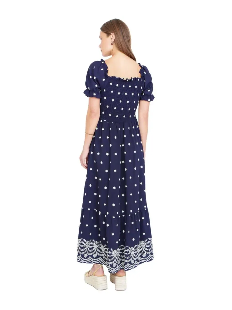 Макси-платье с принтом, модель Border Hemline Smocked Yumi — изображение 3 из 8, темно-синий