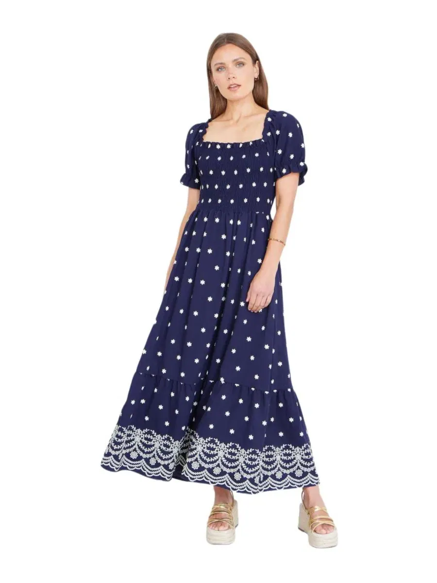 Макси-платье с принтом, модель Border Hemline Smocked Yumi — изображение 4 из 8, темно-синий
