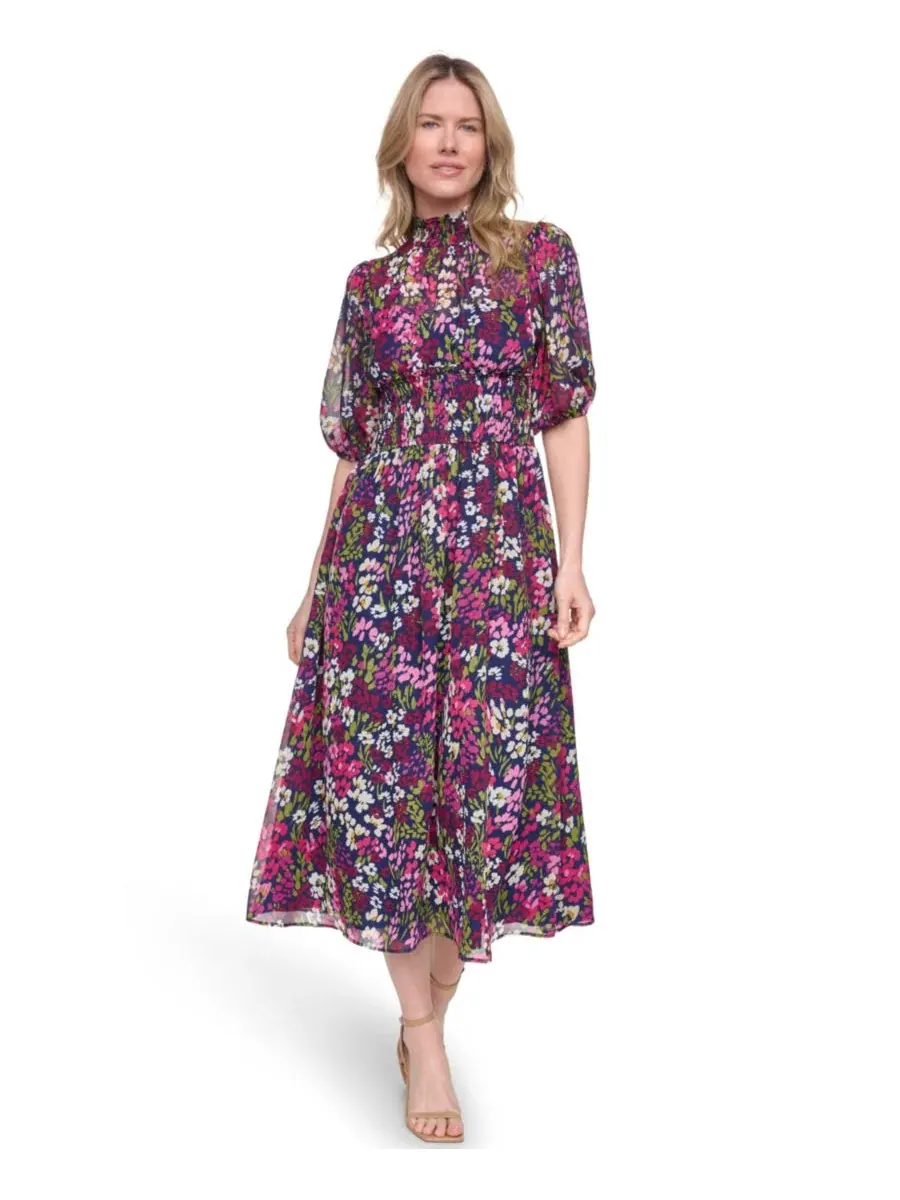 Платье миди с имитацией воротника и смоковой талией, без рукавов, Petite Mock Neck Elbow-Sleeve — изображение 1 из 5, мульти