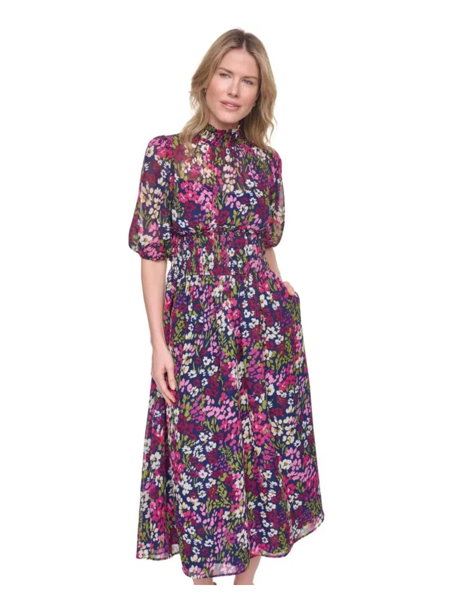 Платье миди с имитацией воротника и смоковой талией, без рукавов, Petite Mock Neck Elbow-Sleeve — изображение 2 из 5, мульти