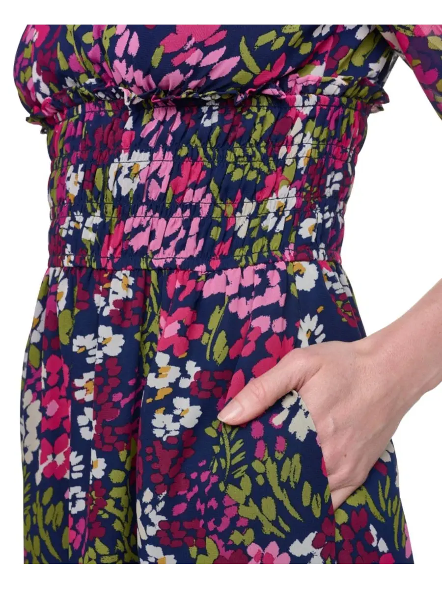 Платье миди с имитацией воротника и смоковой талией, без рукавов, Petite Mock Neck Elbow-Sleeve — изображение 4 из 5, мульти