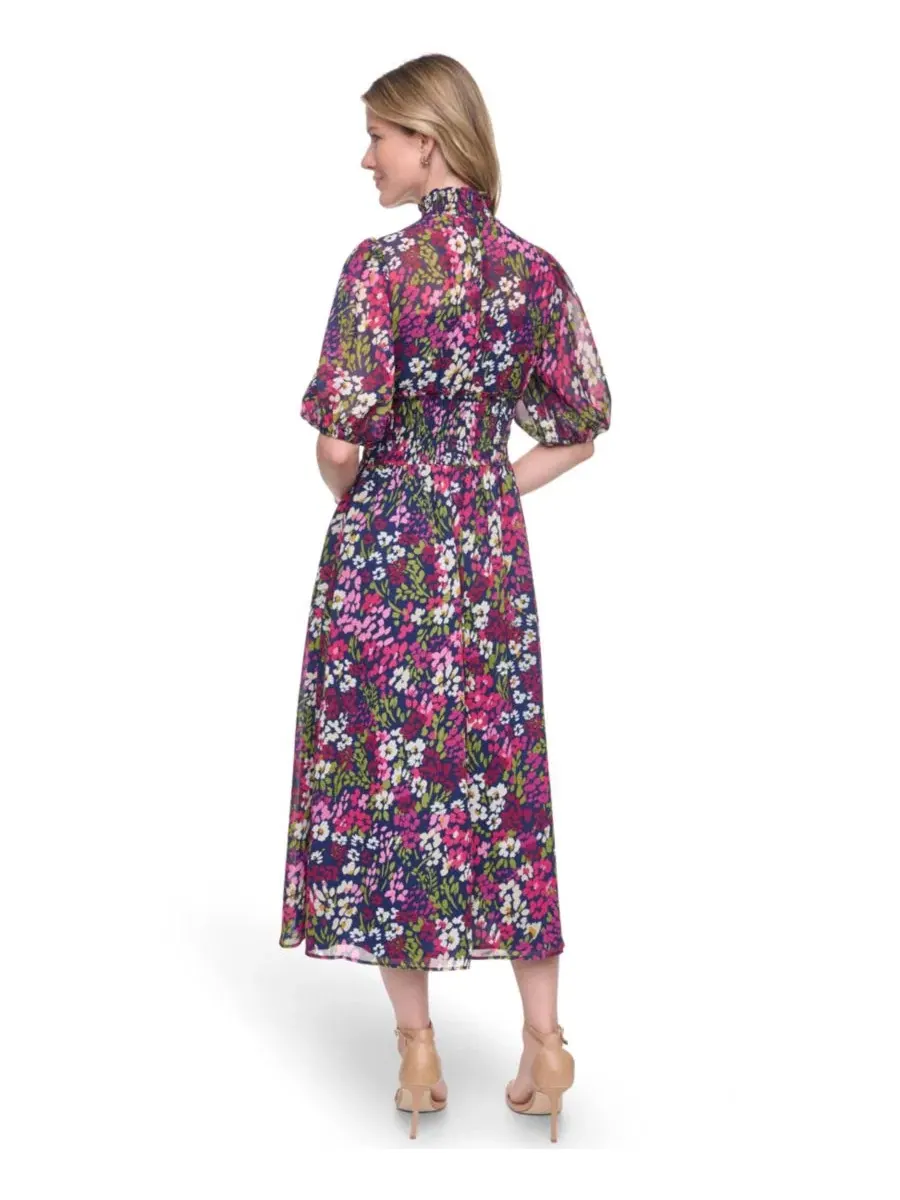 Платье миди с имитацией воротника и смоковой талией, без рукавов, Petite Mock Neck Elbow-Sleeve — изображение 5 из 5, мульти