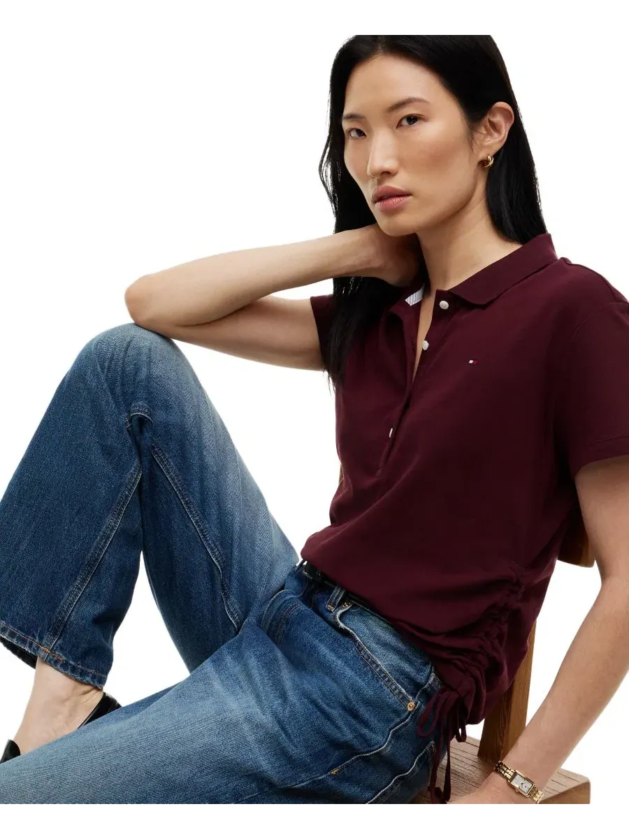 Женская футболка-поло с коротким рукавом и кулиской Tommy Hilfiger, Deep Burgu — изображение 3 из 4