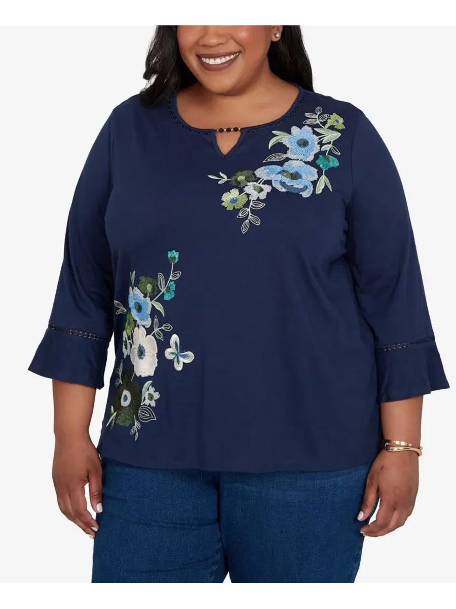 Топ с пайетками Asymmetric Sequin Flowers Alfred Dunner — изображение 2 из 5, темно-синий