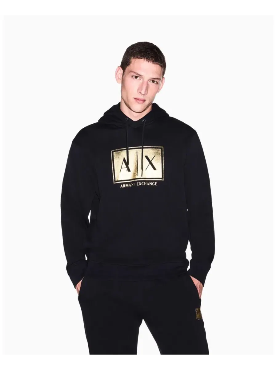 Худи с капюшоном из премиального хлопка Black And Gold Box A|X Armani Exchange — изображение 2 из 8, черный золотистый