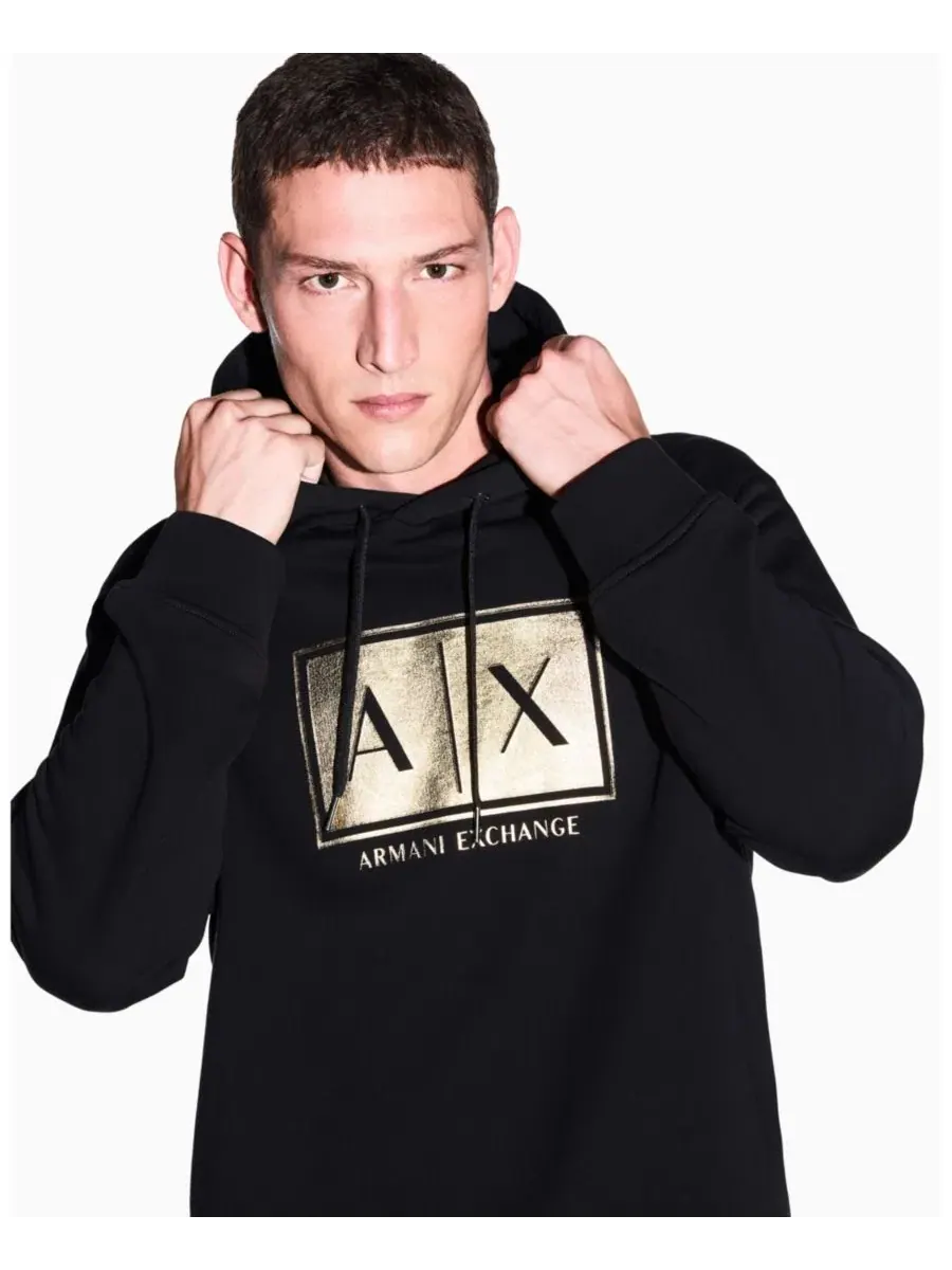 Худи с капюшоном из премиального хлопка Black And Gold Box A|X Armani Exchange — изображение 8 из 8, черный золотистый