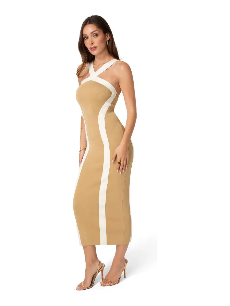Платье-макси с контрастной вставкой и V-образным вырезом Bebe — изображение 2 из 4, бежевый белый