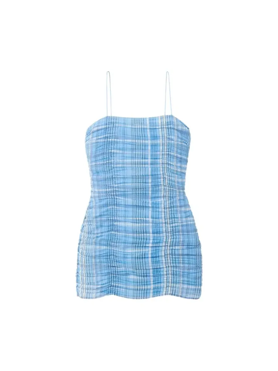 Платье мини без бретелек с драпировкой Plaid Ruched MANGO — изображение 1 из 4, синий