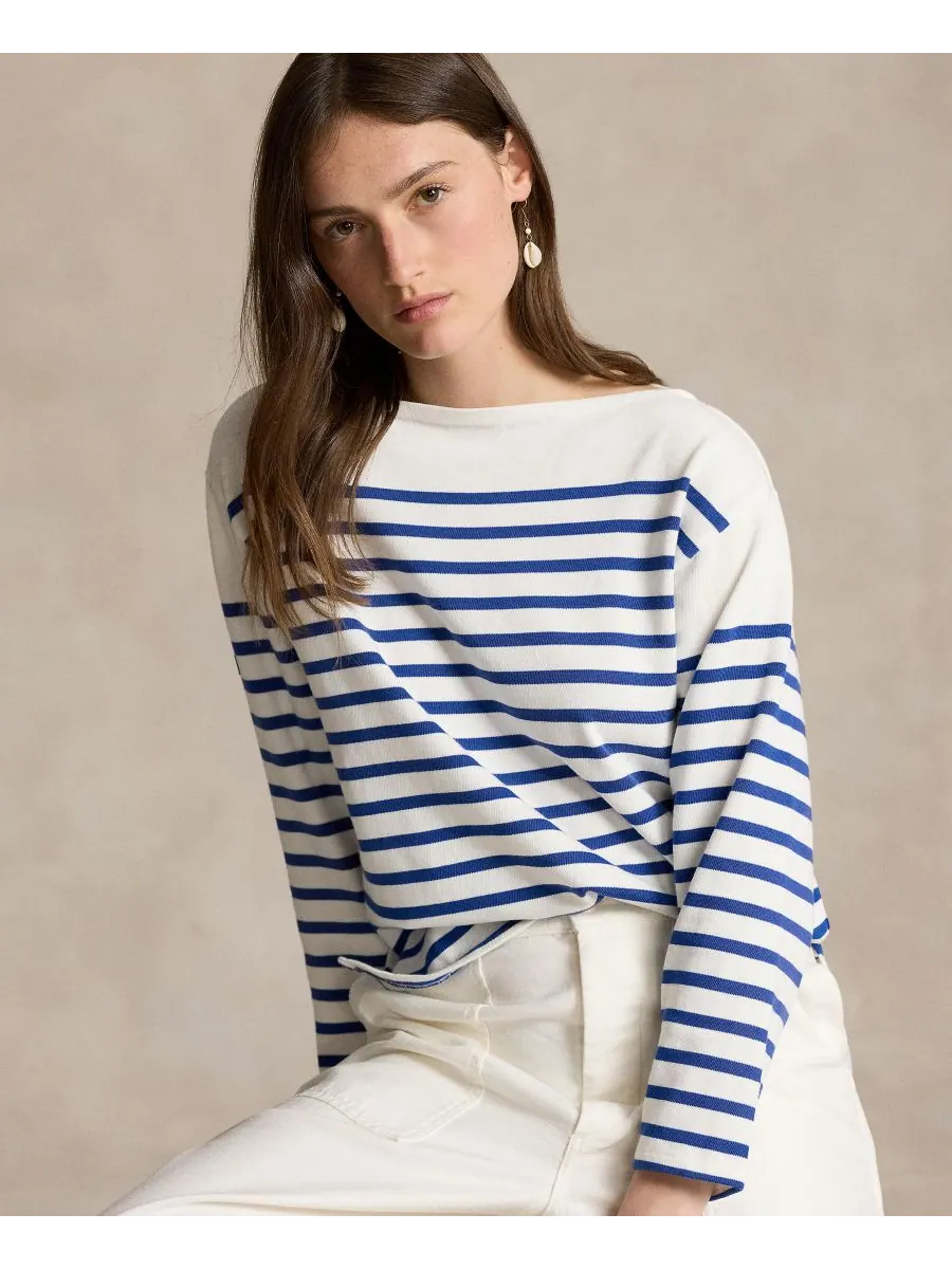 Женская полосатая футболка с вырезом-лодочкой в морском стиле Polo Ralph Lauren — изображение 1 из 5, белый