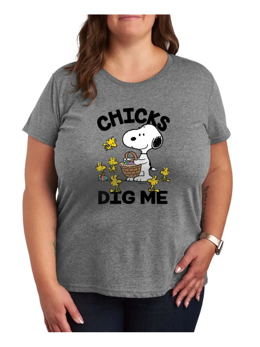 Футболка с коротким рукавом и принтом "Peanuts Easter Chicks Dig Me Snoopy" для полных женщин — изображение 1 из 3, серый