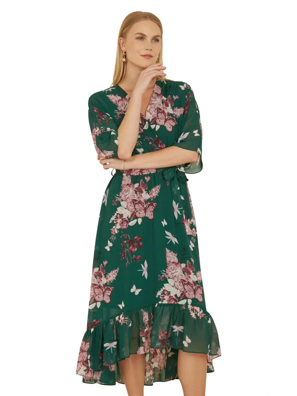 Женское платье с цветочным принтом и асимметричным подолом Yumi — изображение 2 из 7, зеленый