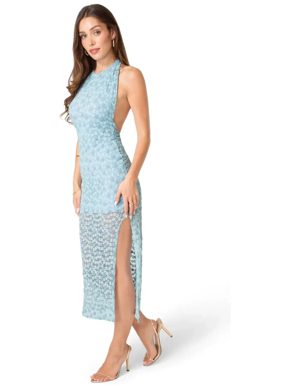 Платье-макси с кружевной накидкой Daisy Lace High Neck Cowl Maxi Dress Bebe — изображение 2 из 4, синий