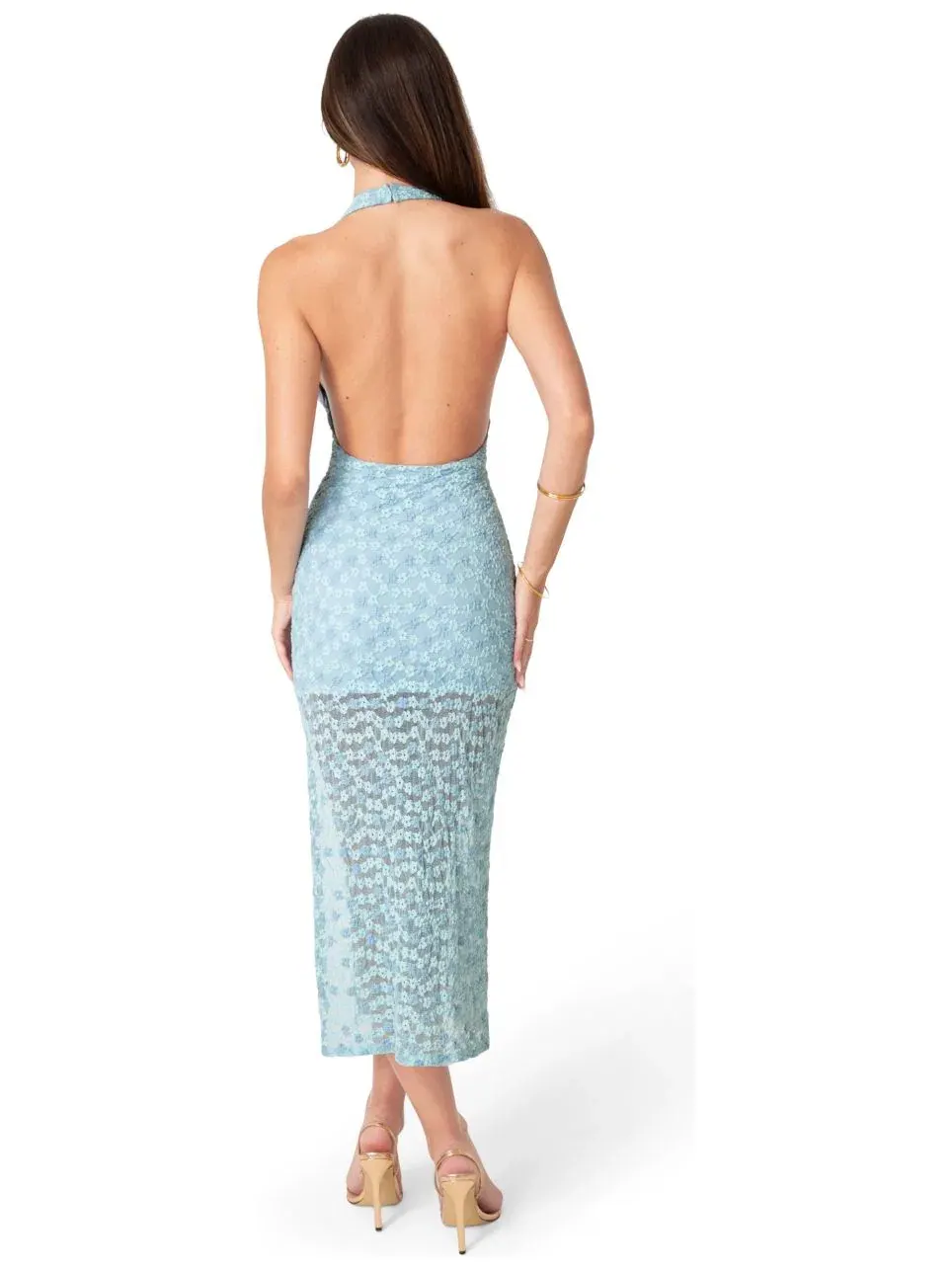 Платье-макси с кружевной накидкой Daisy Lace High Neck Cowl Maxi Dress Bebe — изображение 3 из 4, синий