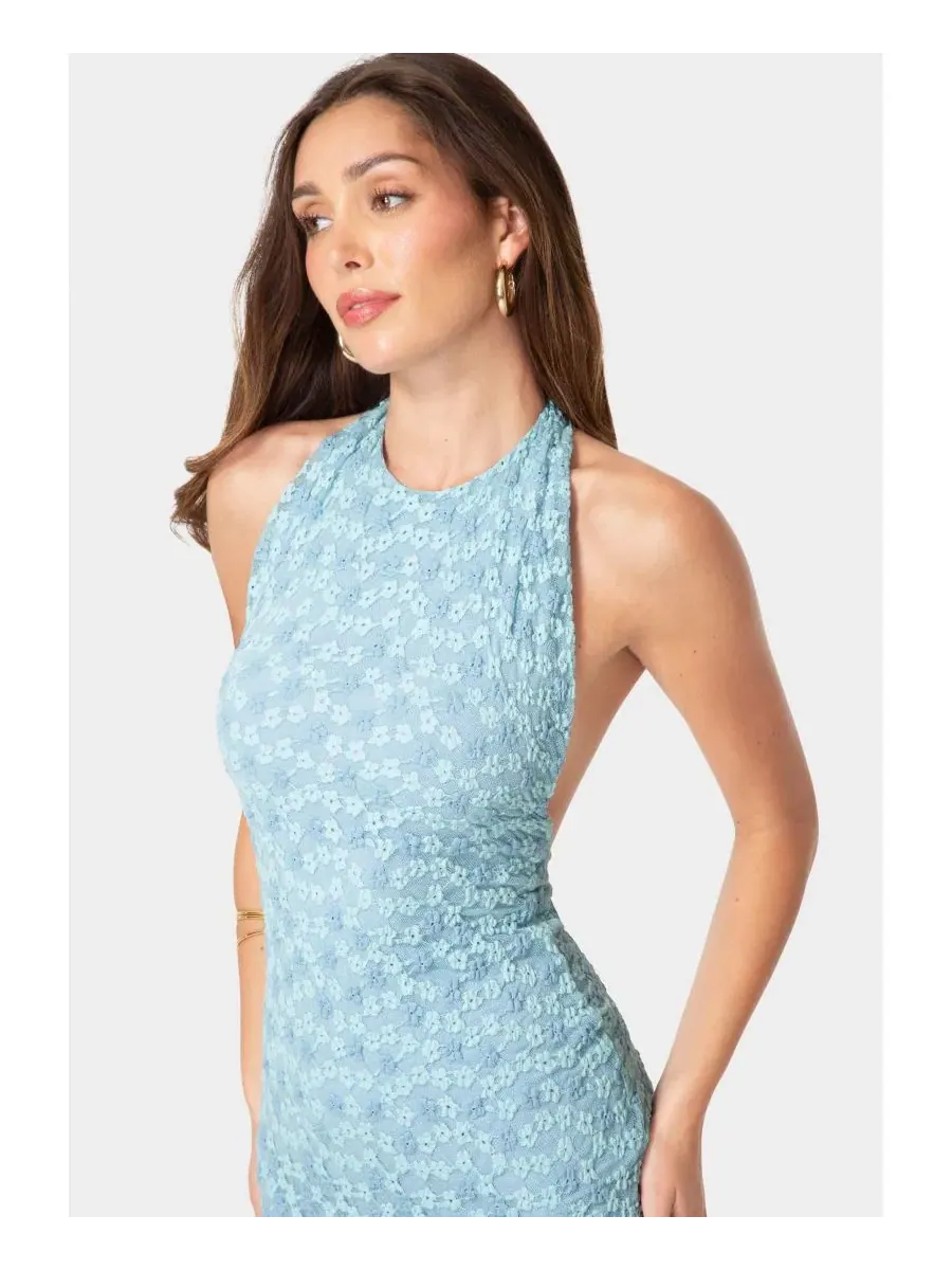 Платье-макси с кружевной накидкой Daisy Lace High Neck Cowl Maxi Dress Bebe — изображение 4 из 4, синий