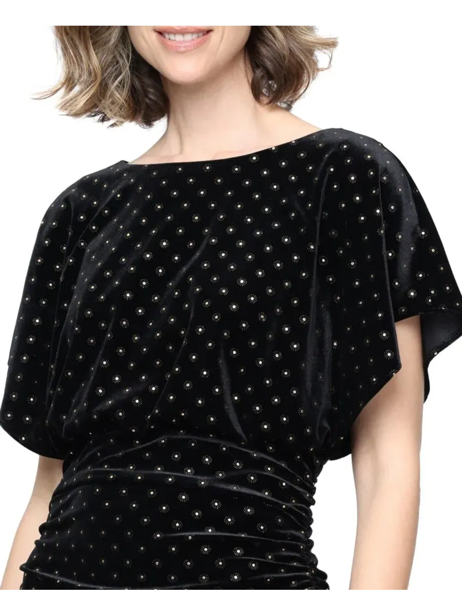 Платье с пайетками и бархатом с рукавами-крылышками SL Fashions — изображение 2 из 3, черный/золотистый