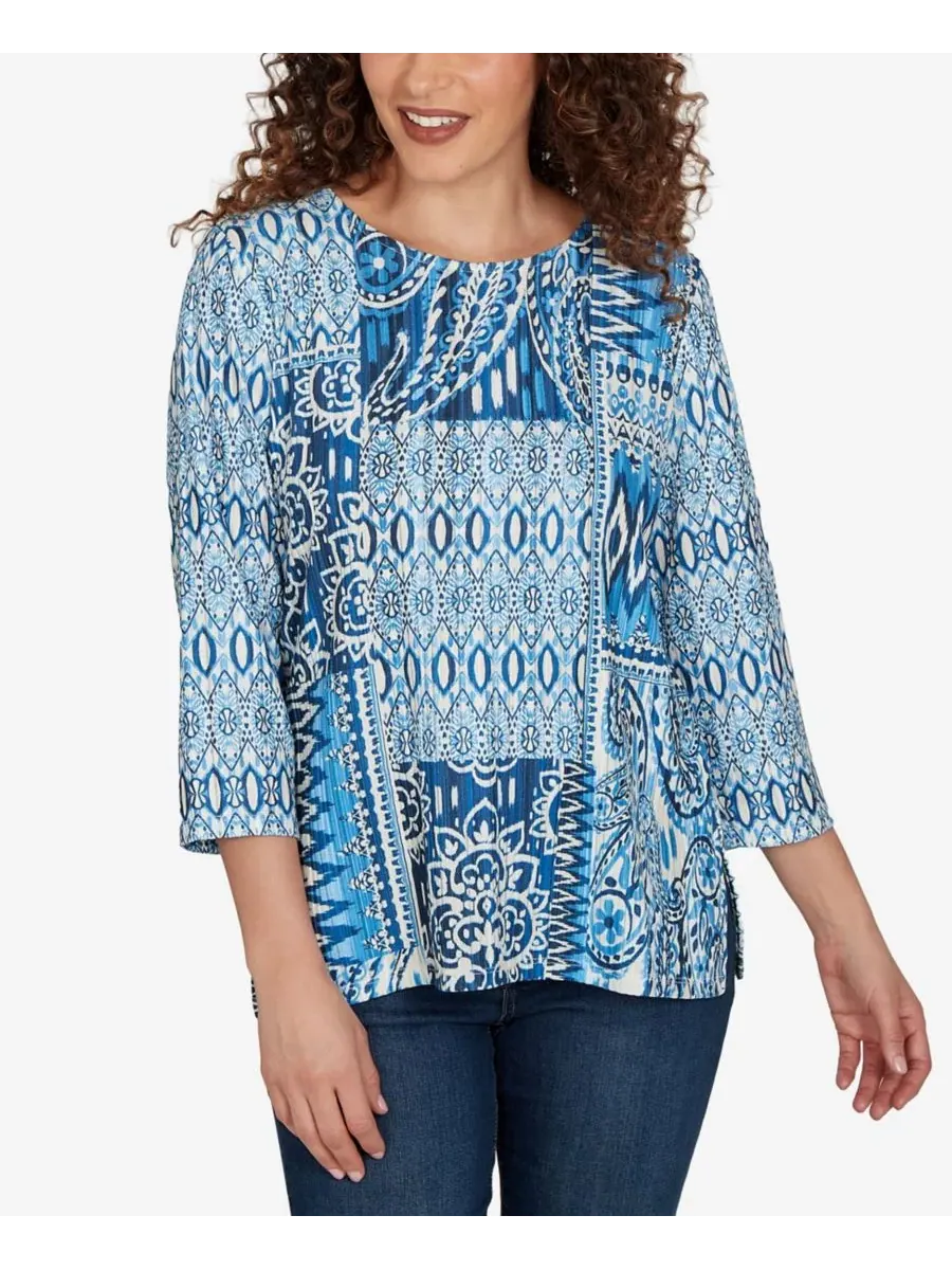 Топ с панелями в стиле пэчворк Petite Medallion Navy Patchwork Knit Alfred Dunner — изображение 1 из 5, темно-синий