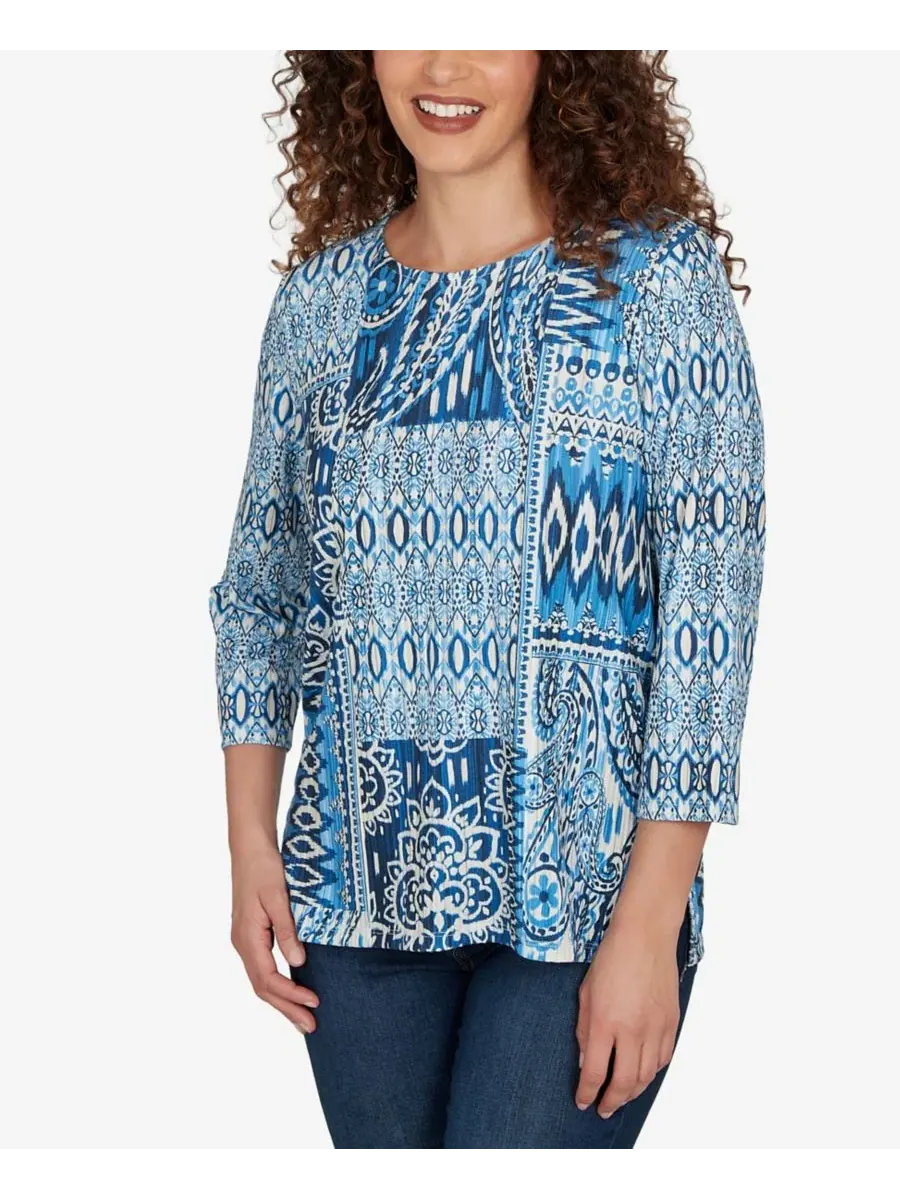 Топ с панелями в стиле пэчворк Petite Medallion Navy Patchwork Knit Alfred Dunner — изображение 2 из 5, темно-синий