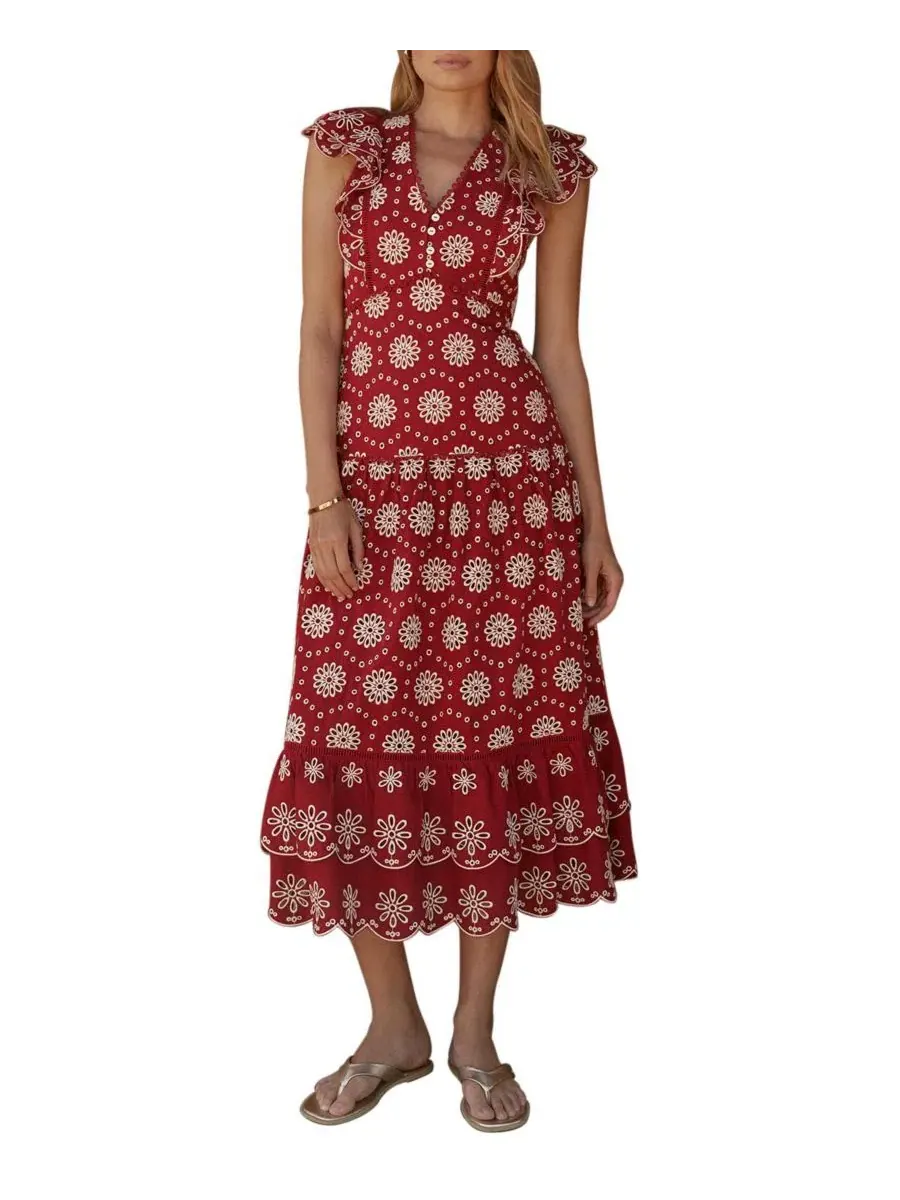 Платье миди с цветочным принтом, рюшами и заниженной талией, модель Floral-Print Ruffle Drop-Waist — изображение 1 из 7