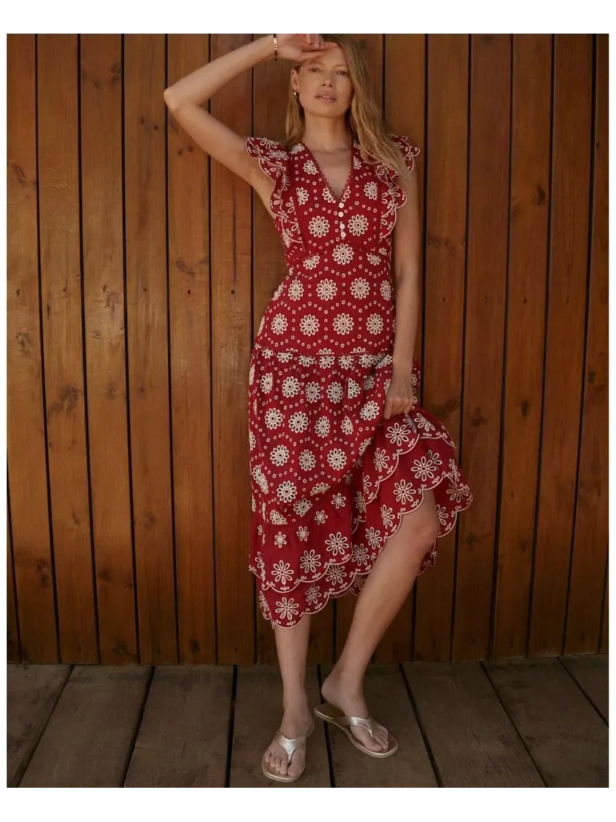 Платье миди с цветочным принтом, рюшами и заниженной талией, модель Floral-Print Ruffle Drop-Waist — изображение 3 из 7