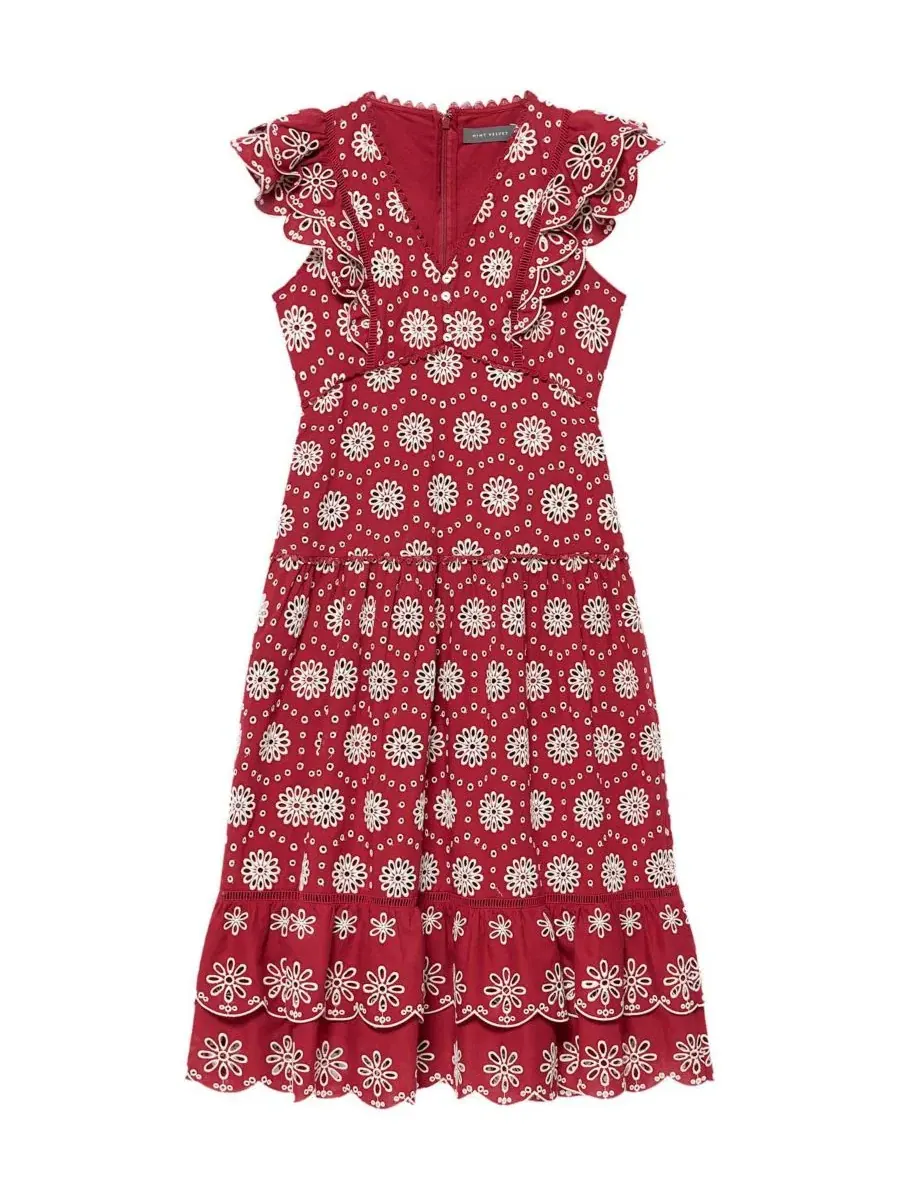 Платье миди с цветочным принтом, рюшами и заниженной талией, модель Floral-Print Ruffle Drop-Waist — изображение 6 из 7