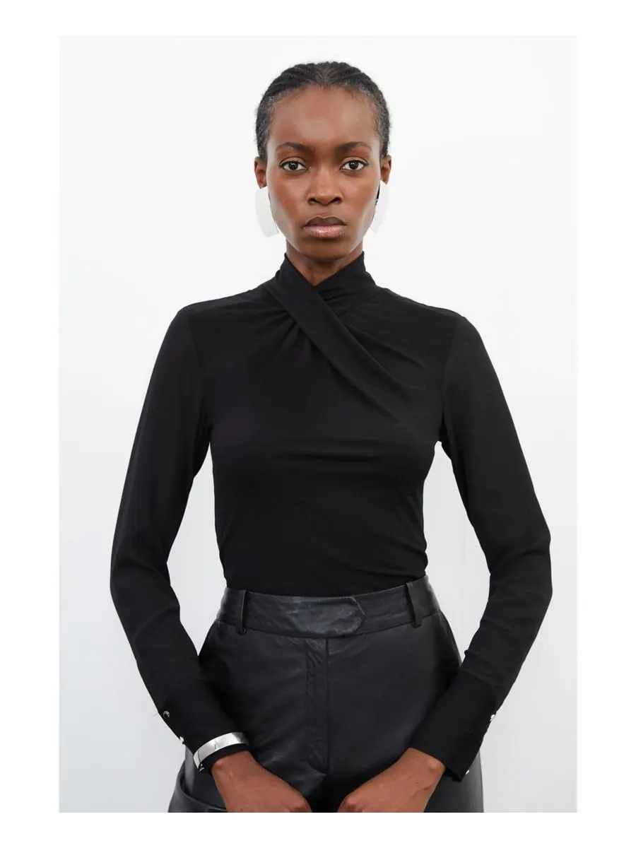 Топ с высоким воротником из смеси джерси и жоржета Karen Millen