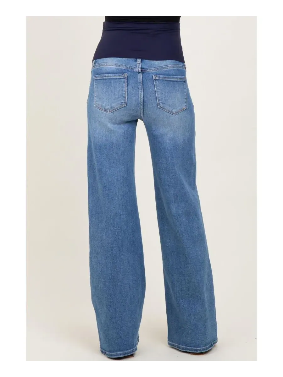 Джинсы для беременных со средней посадкой, низкой посадкой и широкими штанинами Pinkblush — изображение 2 из 7, синий