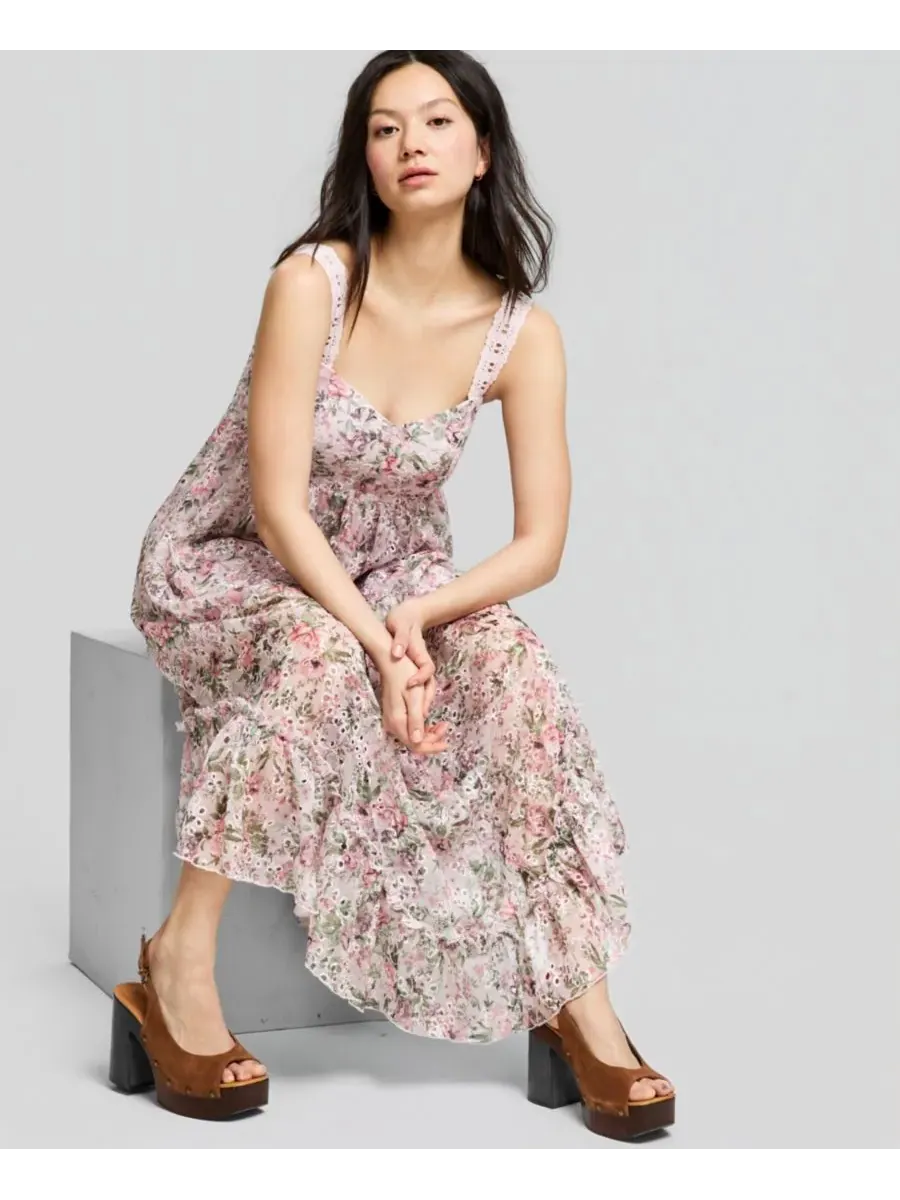 Женское асимметричное макси-платье из шифона с перфорацией And Now This, Mauve Floral — изображение 2 из 5