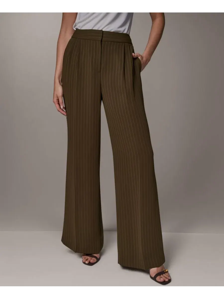 Брюки женские с высокой посадкой, полной длины, с широкими штанинами Donna Karan New York — изображение 1 из 7, оливковый