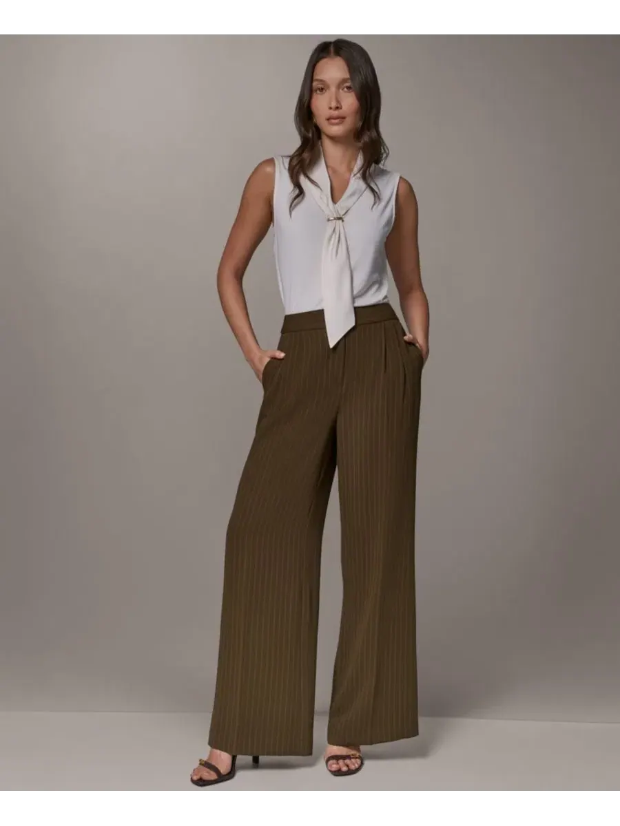 Брюки женские с высокой посадкой, полной длины, с широкими штанинами Donna Karan New York — изображение 2 из 7, оливковый
