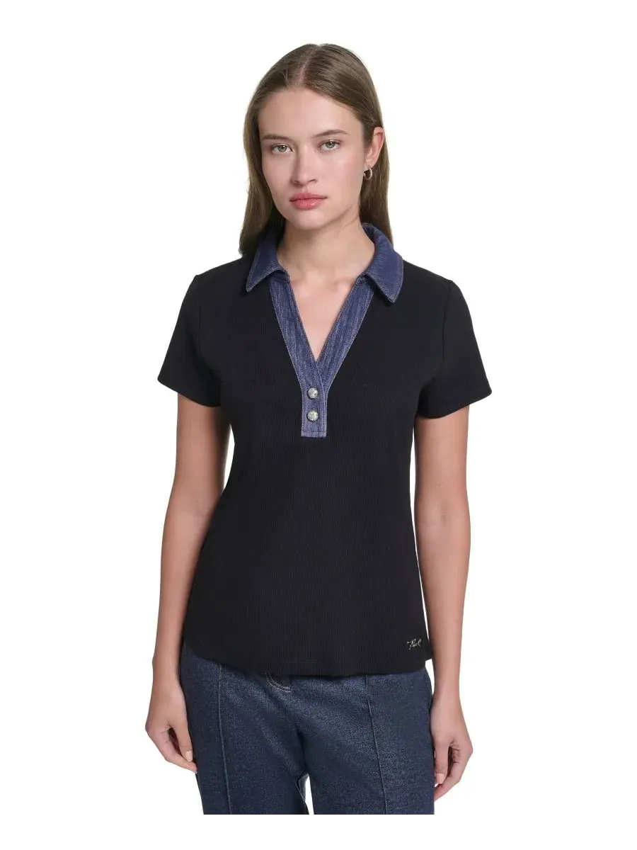 Топ с воротником и коротким рукавом Petite Collared Short-Sleeve Pull-On Top KARL LAGERFELD PARIS — изображение 1 из 7