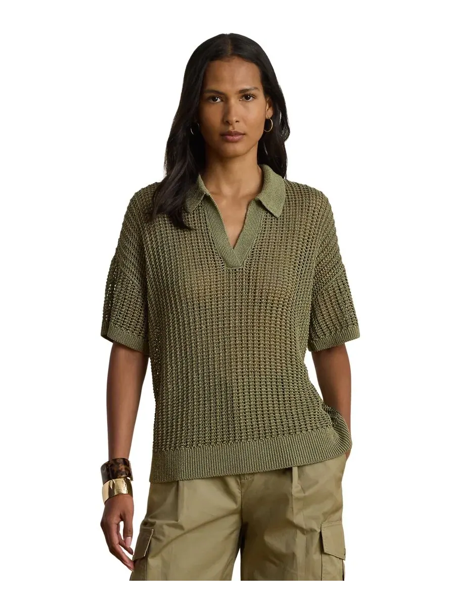 Свитер с сетчатой текстурой и коротким рукавом, модель Petite Mesh Short-Sleeve Sweater Lauren — изображение 1 из 5, агава