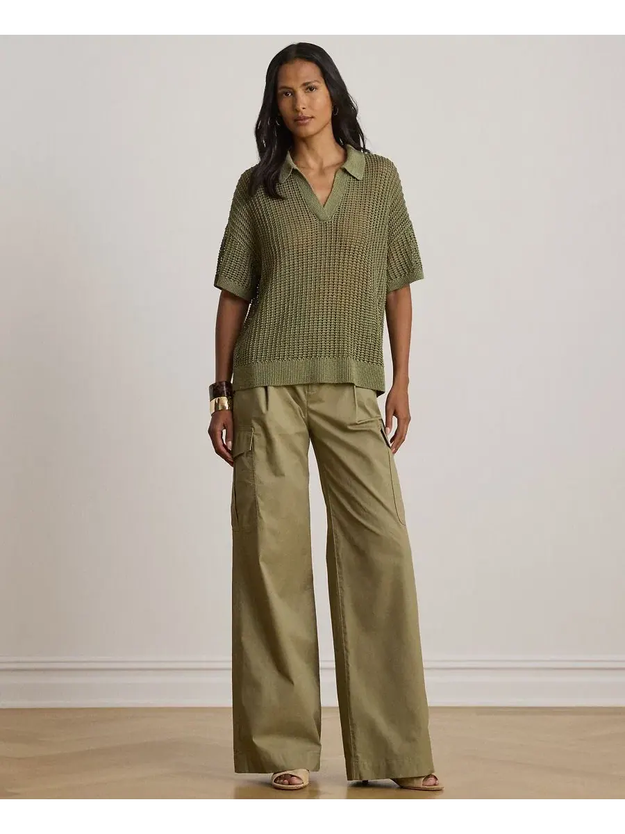 Свитер с сетчатой текстурой и коротким рукавом, модель Petite Mesh Short-Sleeve Sweater Lauren — изображение 2 из 5, агава