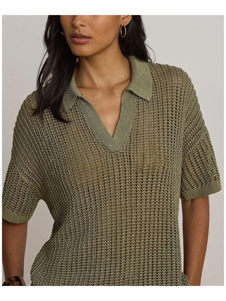 Свитер с сетчатой текстурой и коротким рукавом, модель Petite Mesh Short-Sleeve Sweater Lauren — изображение 3 из 5, агава