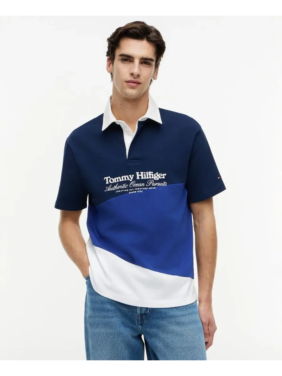Мужская футболка-поло с цветовой блокировкой и принтом Tommy Hilfiger — изображение 1 из 4, темно-синий/мульти