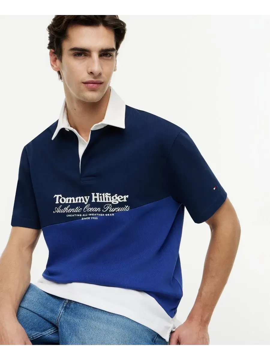 Мужская футболка-поло с цветовой блокировкой и принтом Tommy Hilfiger — изображение 3 из 4, темно-синий/мульти