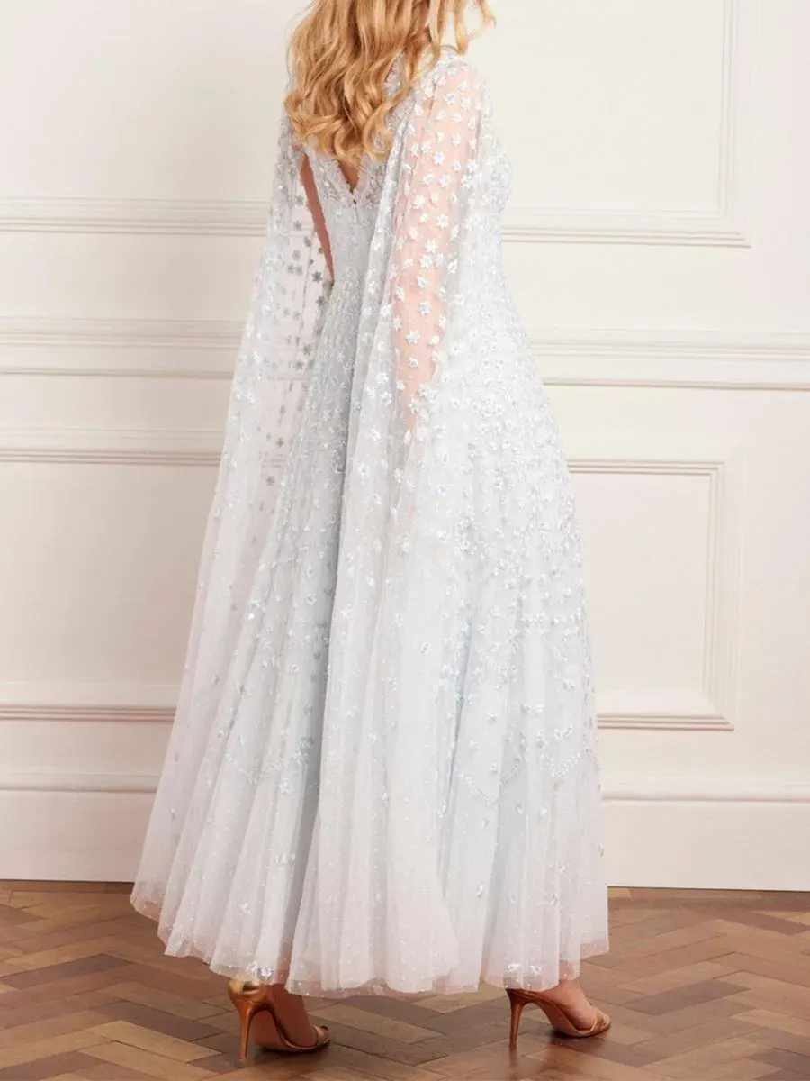 Платье-макси с длинным рукавом Clover Cape Sleeve Ankle Gown Needle & Thread — изображение 4 из 5, синий