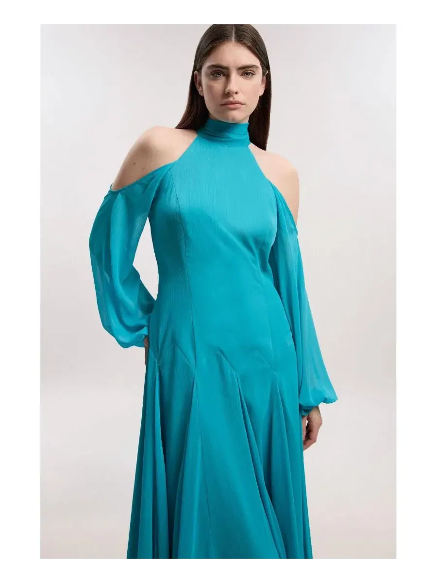 Платье макси с открытыми плечами, модель Cold Shoulder Karen Millen — изображение 4 из 4, голубой