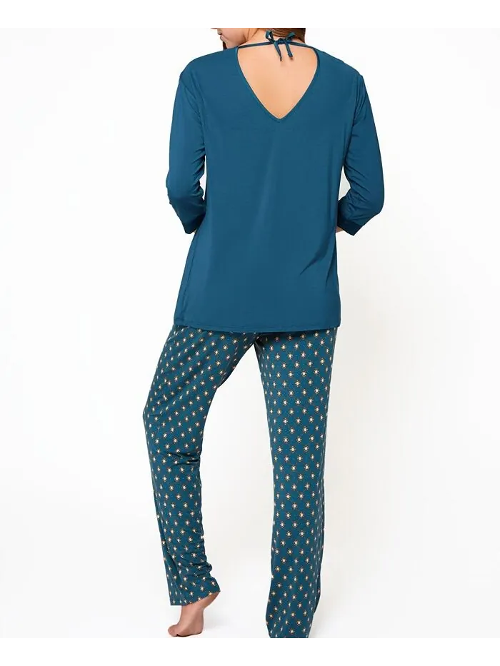 Женская малахитовая ультрамягкая пижама с вырезом на спине и брюками с принтом iCollection — изображение 2 из 2, бирюзовый